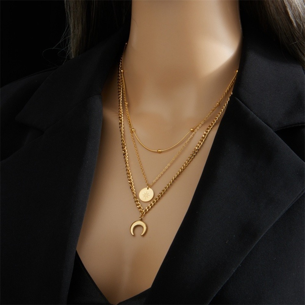 Boutique Layered Necklace Women OS Gold Celestial Moon Star Disc Multi Strand - Picture 4 of 6